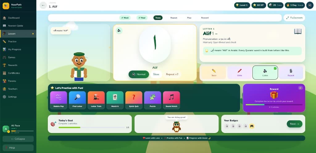 Interactive Alif lesson with pronunciation, tracing, practice games, rewards, and progress