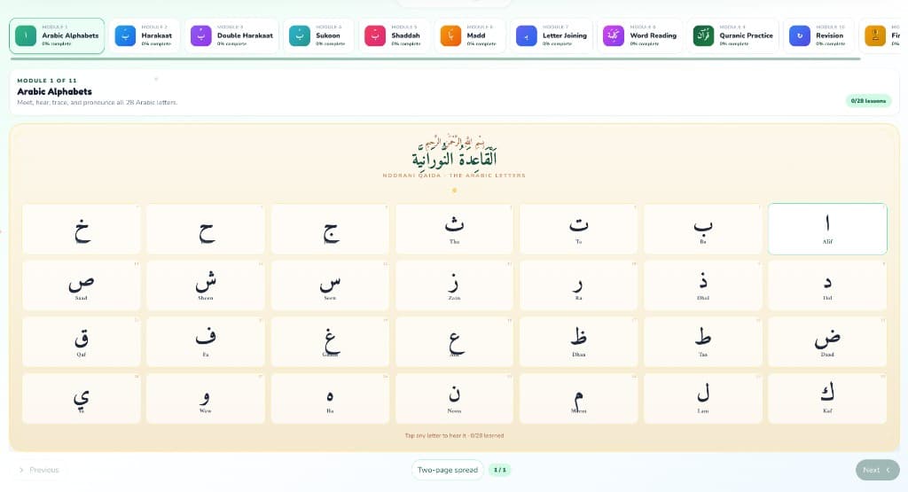 NoorPath interactive Noorani Qaida showing the 11-module curriculum and Arabic alphabet book