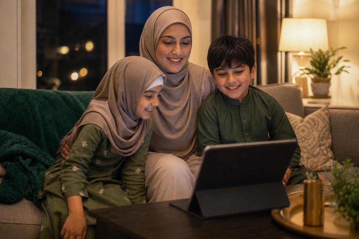 British Muslim family learning Quran together in the evening at home