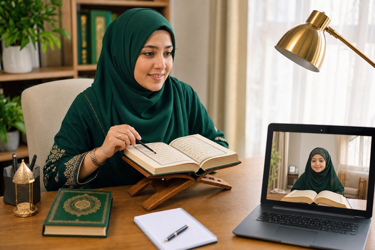Certified female Hafiza tutor teaching a girl Quran online via Zoom